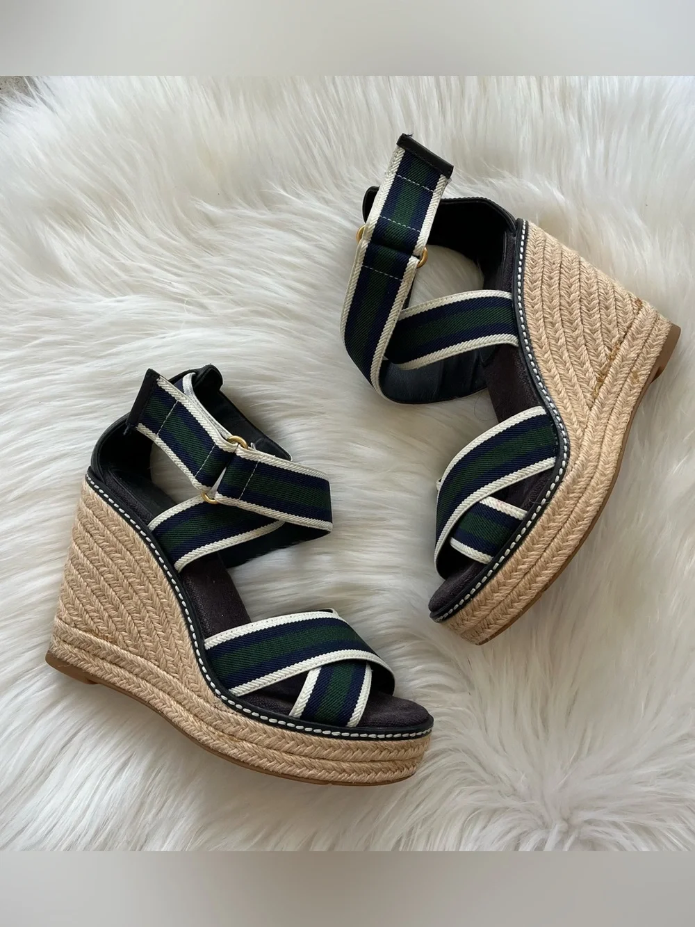 TORY BURCH Striped Strappy Espadrille Wedges Heels sz. 6.5 Minnie Miller